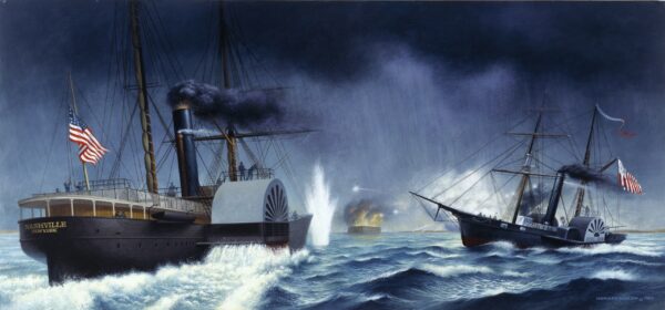 Painting: USRC Harriet Lane engages a merchant steamer during a storm.