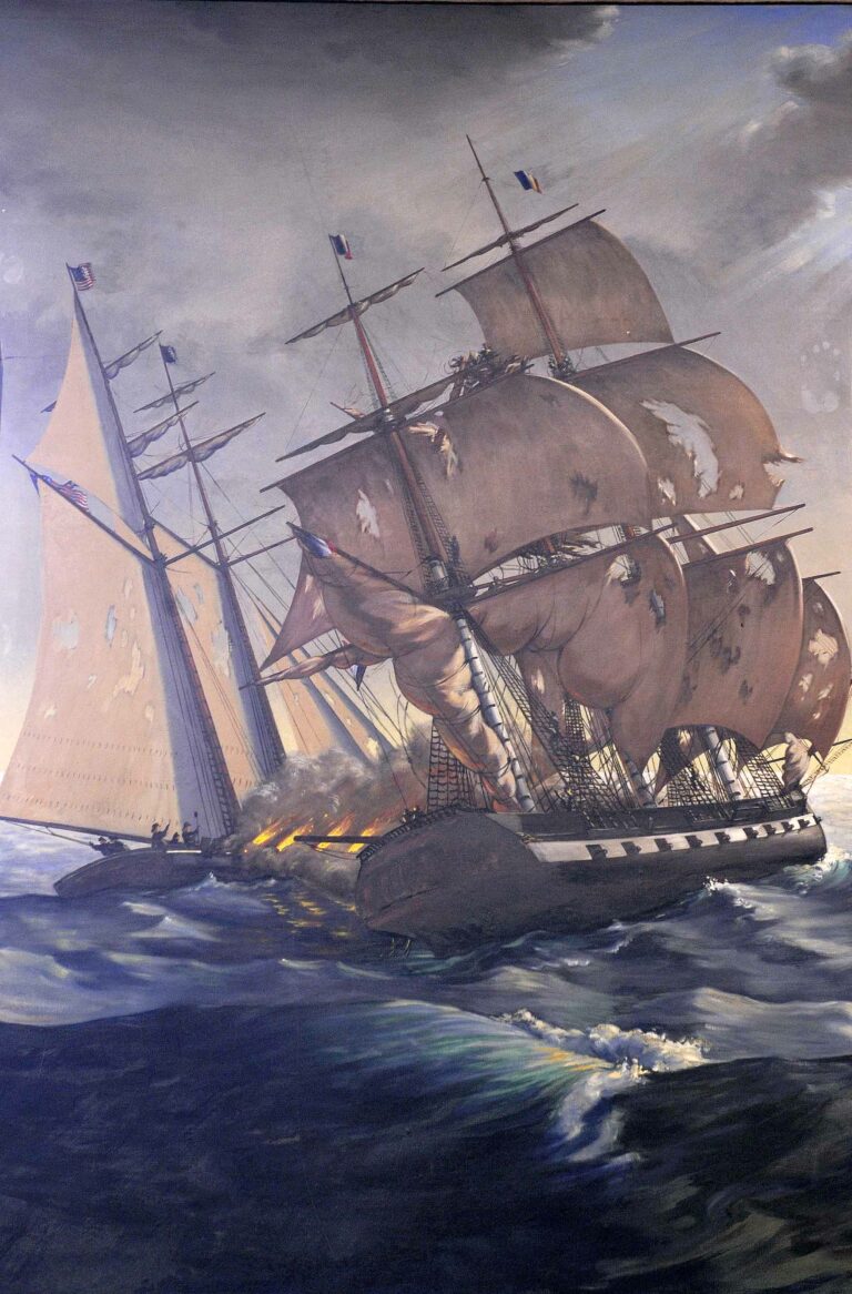 Painting: USRC Pickering on rough seas in battle. Cannon fire is visible.