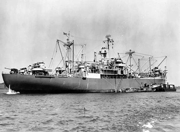 Photo: The USS Callaway (APA-35) at anchor in the Lingayen Gulf.