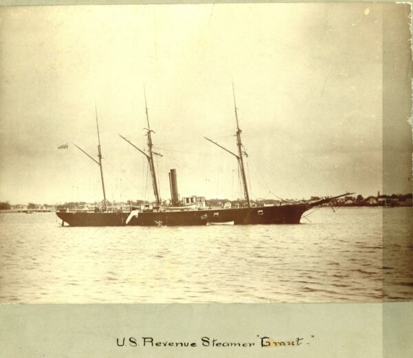 Photo in sepia: Port view of U.S. Revenue Cutter Grant.