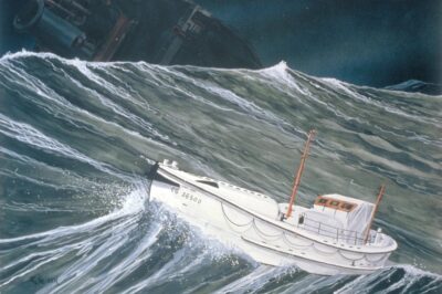 Painting of a white ship marked CG-36500, riding in heavy seas.