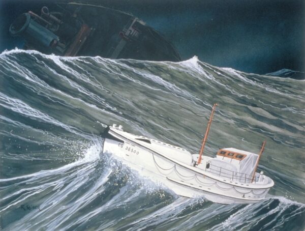Painting of a white ship marked CG-36500, riding in heavy seas.