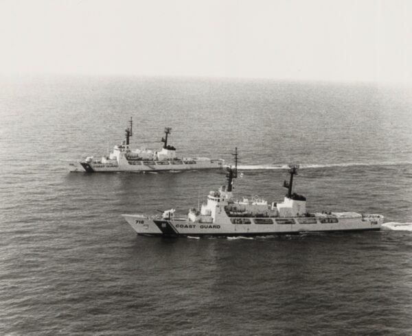 A contemporary aerial photograph of the Chase and Hamilton on patrol in the Caribbean.