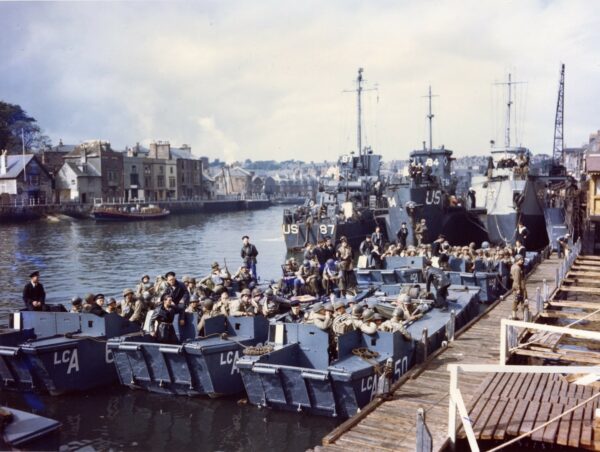 Color photo of Flotilla Ten on the River Dart, England, preparing for the landings on D-Day