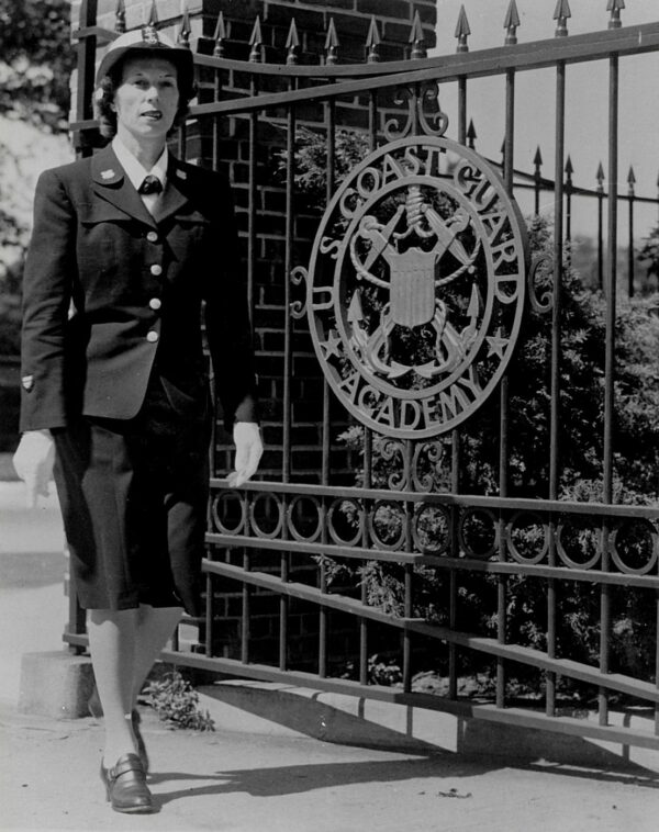 Edith Munro in her dress blue uniform strolling the grounds at the U.S. Coast Guard Academy.