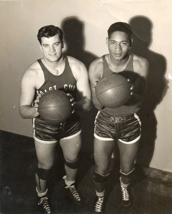 Photo: Emlen Tunnell and Louis Fiorella pose in basketball uniforms.