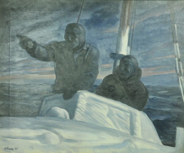 Painting: Blue tinted image where lookout points something out in the distance.