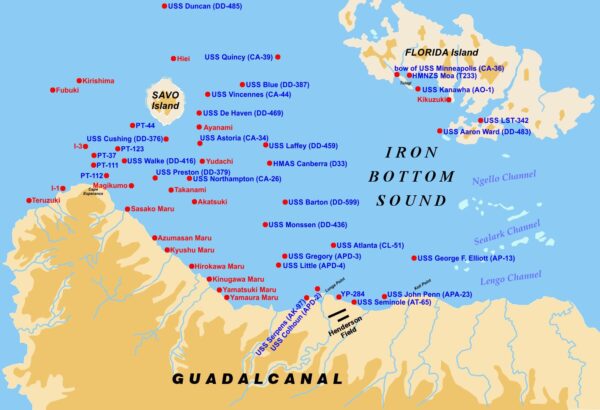 Map: Guadalcanal and Iron Bottom Sound with pinpoints for depicting vessel locations.