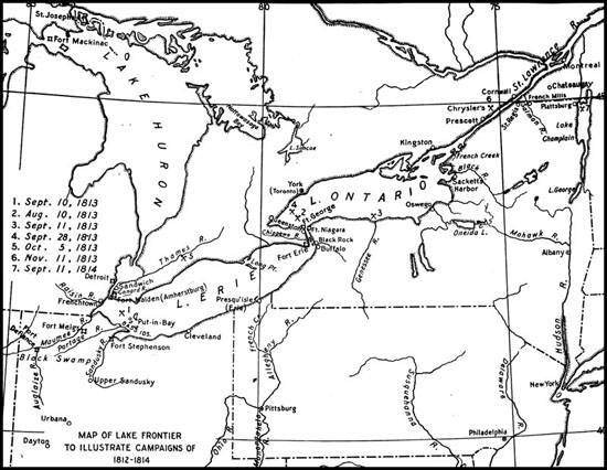 A map of the Great Lakes frontier showing War of 1812 campaigns between 1812 and 1814.