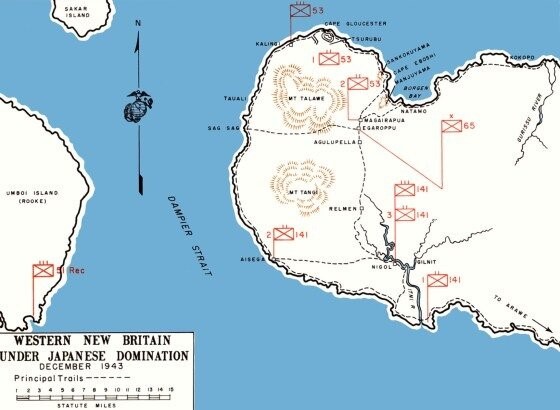 Map of western New Britain, including Cape Gloucester, under Japanese control in December 1943.