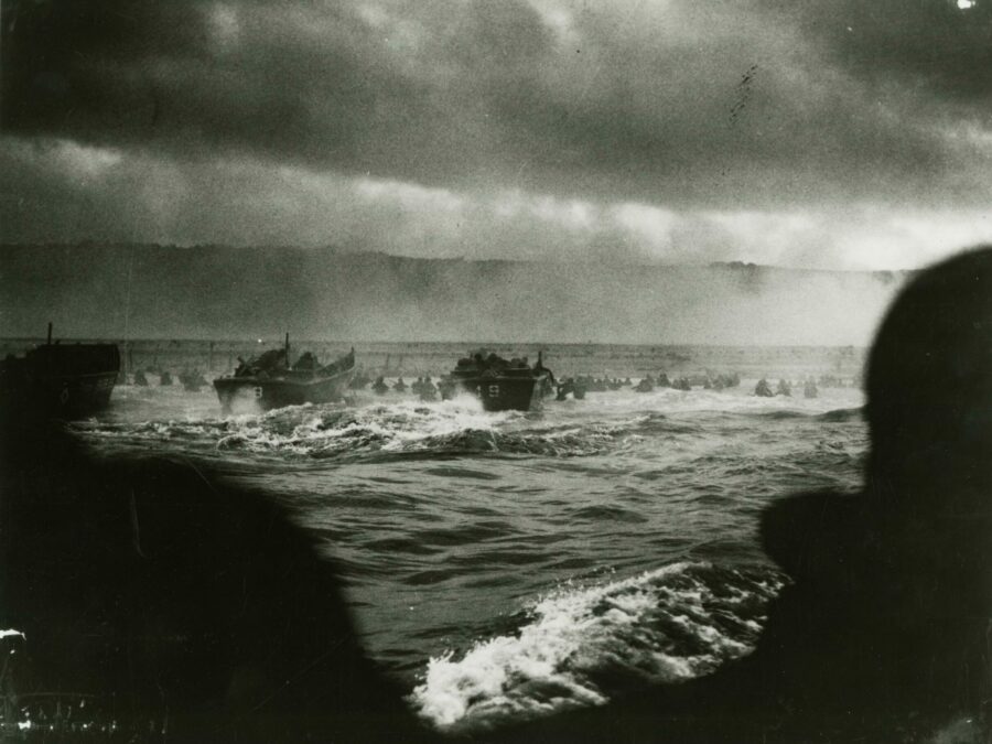 Photo: View from landing craft as visibility is impaired while troops storm the beaches of Normandy.