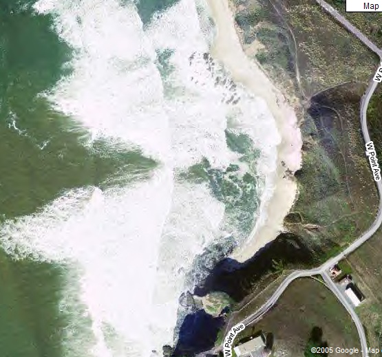 Photo: Aerial map view of SARWET Training Area #1 at Half Moon Bay near Pillar Point on the California coast. Text within image says “Map” and “©2005 Google - Map”.