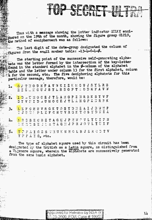 Photo of cryptography explanation document displaying a table of numbers in 5 rows followed by an explanation.