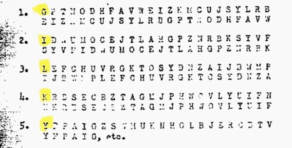 Photo of cryptography explanation document displaying a table of numbers in 5 rows followed by an explanation.
