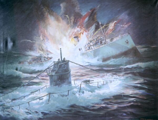 Painting of the Tampa being torpedoed by a German submarine seen in the foreground.
