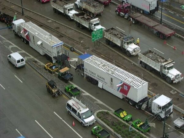 Photo: Aerial view of 2 Coast Guard mobile command posts.