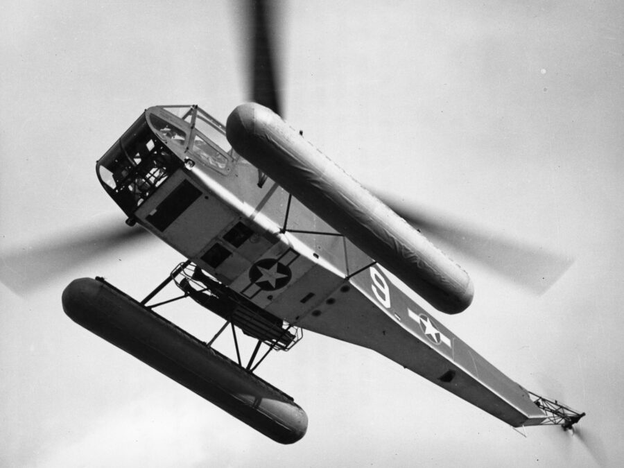 Photo: Bottom view of an HNS-1 helicopter in flight.