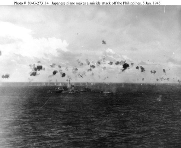 Photo: Japanese plane makes a suicide attack off the Philippines, January 5, 1945.