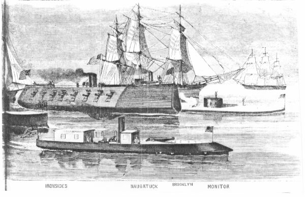 Illustration of gunboat E.A. Stevens along with Monitor and New Ironsides.