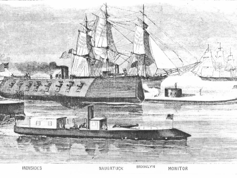 Illustration of gunboat E.A. Stevens along with Monitor and New Ironsides.