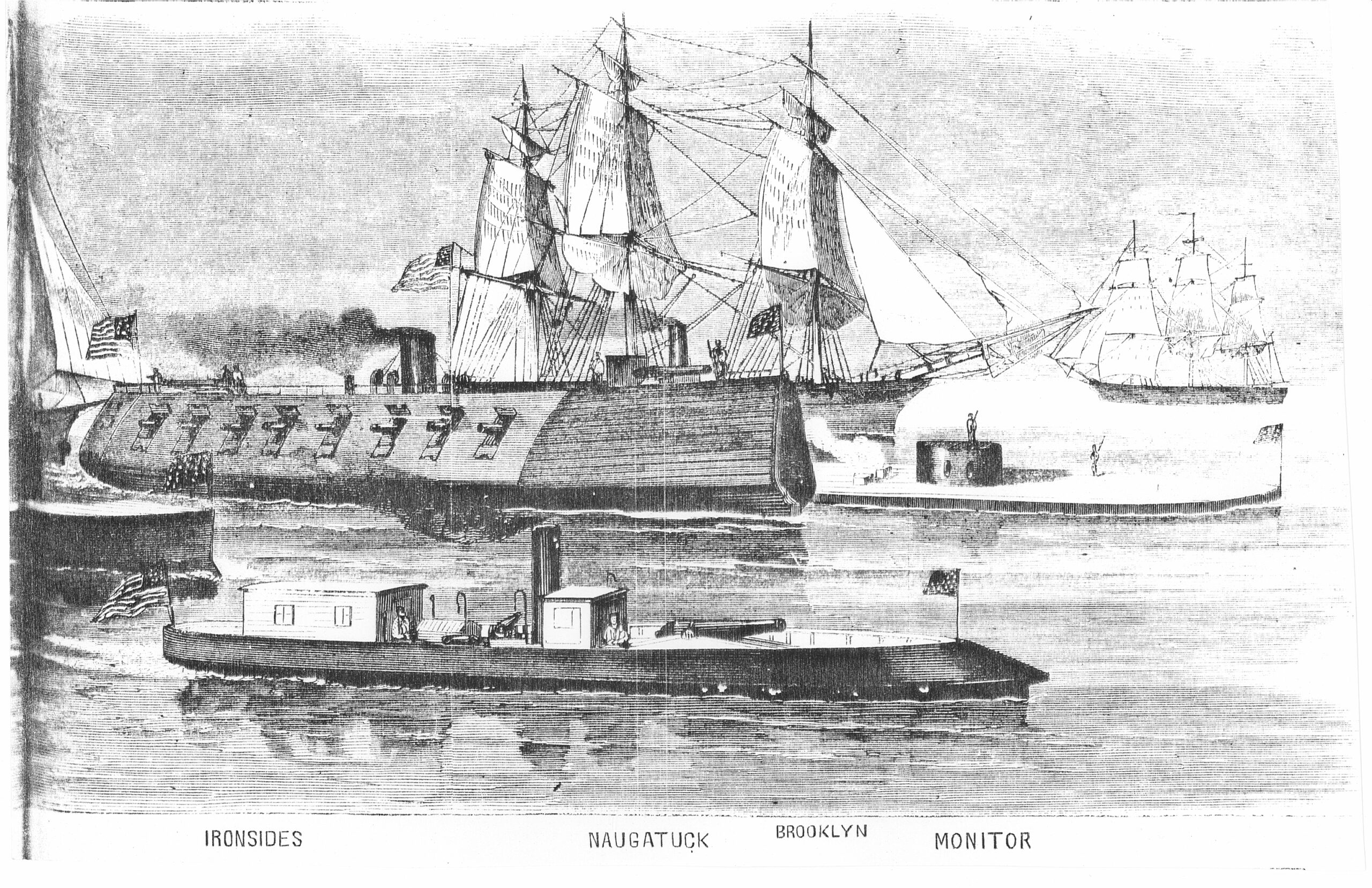Illustration of gunboat E.A. Stevens along with Monitor and New Ironsides.