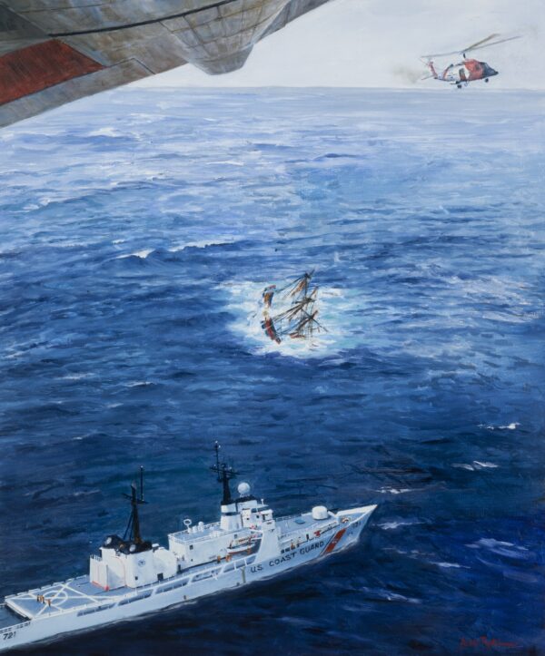 Painting depicts an aerial view from a HC-130 showing a helicopter, and a cutter engaged with rescue efforts at HMS Bounty.