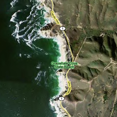 Photo: Aerial map view of SARWET Training Area #2 at Gray Whale Cove on the California coast. Text within image says “Graywhale Cove State Beach”, “Cabrillo Hwy”, and route markers.