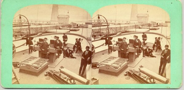Vintage stereoscopic photograph showing a boat howitzer mounted on a “deck carriage” on board Revenue Cutter Salmon P. Chase.