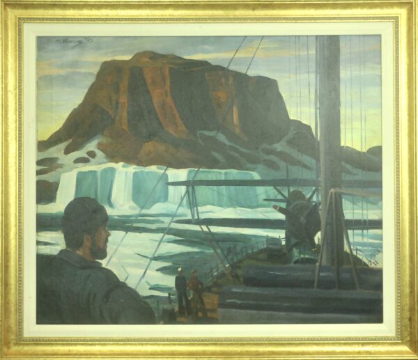 Painting: A view off the stern of the Northland showing her J2F Grumman “Duck” amphibian aircraft with iceberg and mountain in the background.
