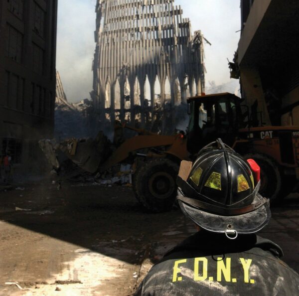 Photo: New York City firefighter at the wreckage of the World Trade Center.