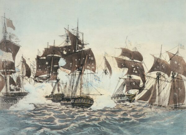 The print “Perry’s Victory” by an unknown artist depicts a battle between tall ships.