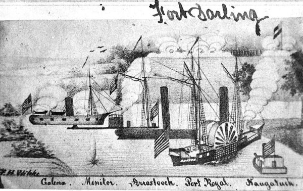 Pencil sketch depicting the battle at Drewry's Bluff, with the labels at the bottom 