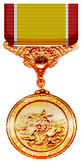 Photo: Gold Lifesaving medal with ribbon of gold, red, and white stripes.