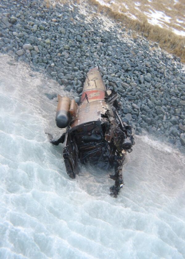 Photo: The remains of a Jayhawk helicopter on the beach.