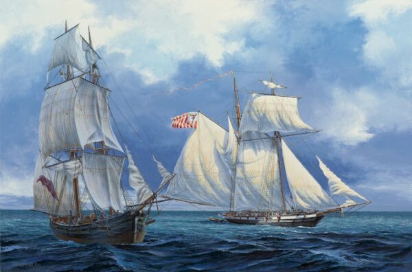 Painting depicting an encounter between two ships.