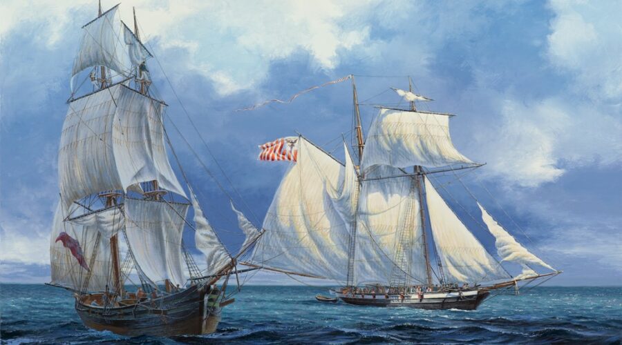 Painting depicting an encounter between two ships.