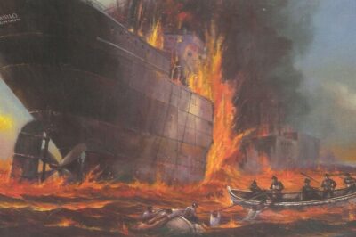 This painting by Mr. Austin Dwyer shows the burning British tanker SS Mirlo.