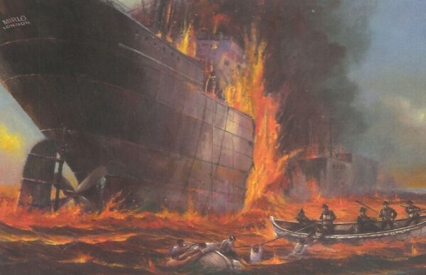 This painting by Mr. Austin Dwyer shows the burning British tanker SS Mirlo.