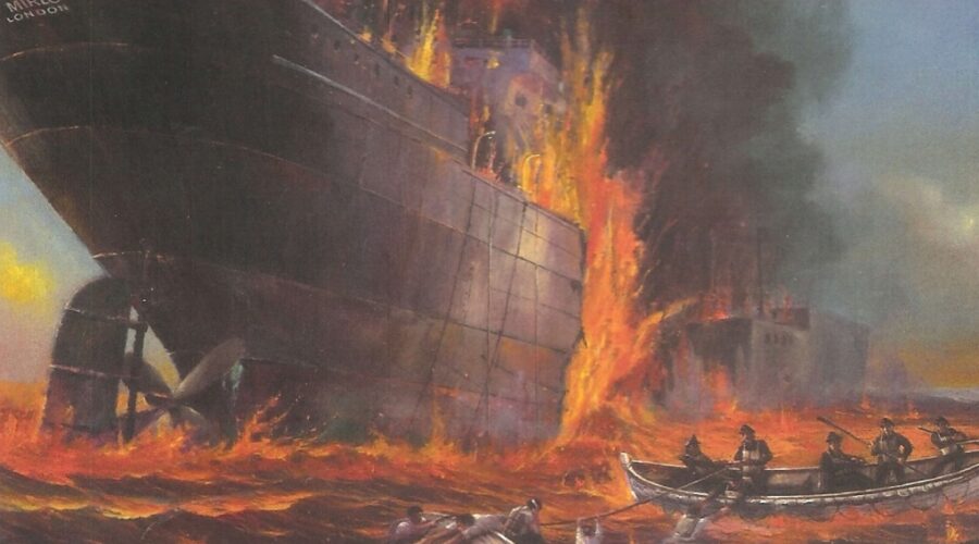 This painting by Mr. Austin Dwyer shows the burning British tanker SS Mirlo.