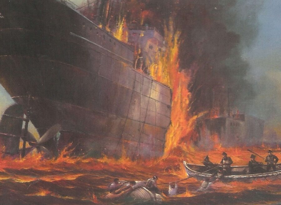 This painting by Mr. Austin Dwyer shows the burning British tanker SS Mirlo.