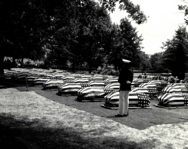 Photo: The Serpens caskets flag-draped for formal interment ceremony at Arlington National Cemetery.