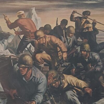 Painting depicting a Coast Guard landing party on the hunt for German weather stations in Greenland.