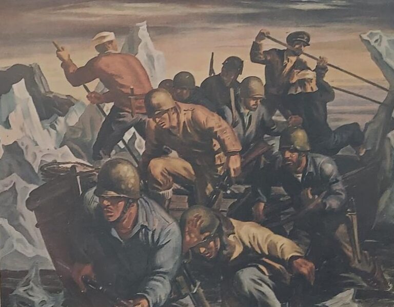 Painting depicting a Coast Guard landing party on the hunt for German weather stations in Greenland.