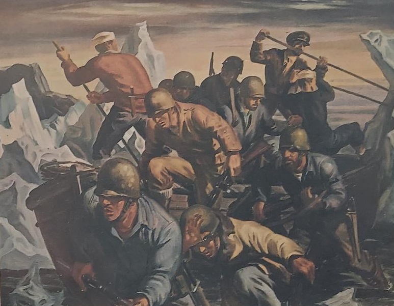 Painting depicting a Coast Guard landing party on the hunt for German weather stations in Greenland.