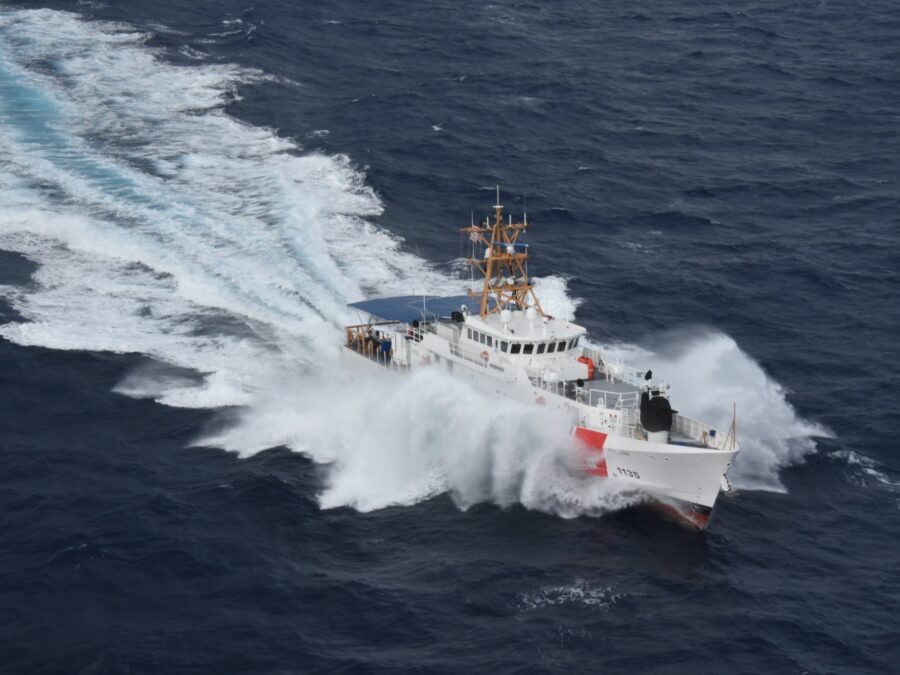 The newly commissioned Coast Guard Cutter Angela McShan (WPC-1135) crew underway near Miami, Sept. 20, 2019.