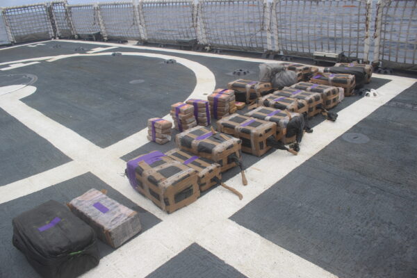 Photo: Bales of cocaine are lined up on the cutter’s deck.