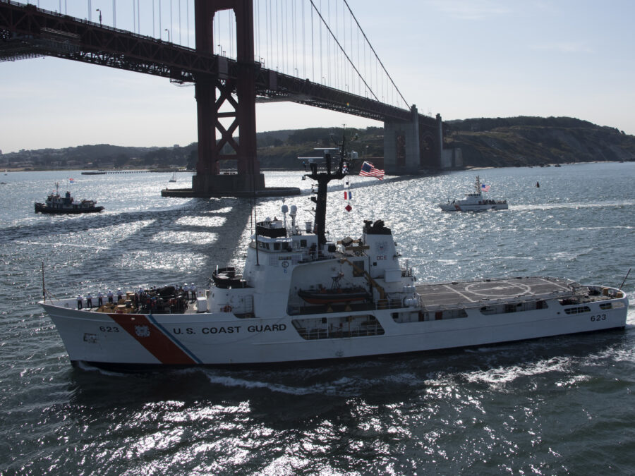 Photo: Coast Guard Cutter Steadfast sales under the Golden Gate Bridge.