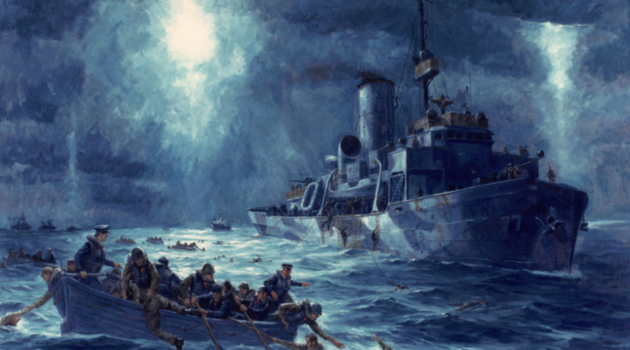 Painting of the crew of the Escanaba rescuing the survivors of the SS Dorchester.