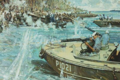 Painting of Douglas Munro manning a machine gun at Gualacanal.