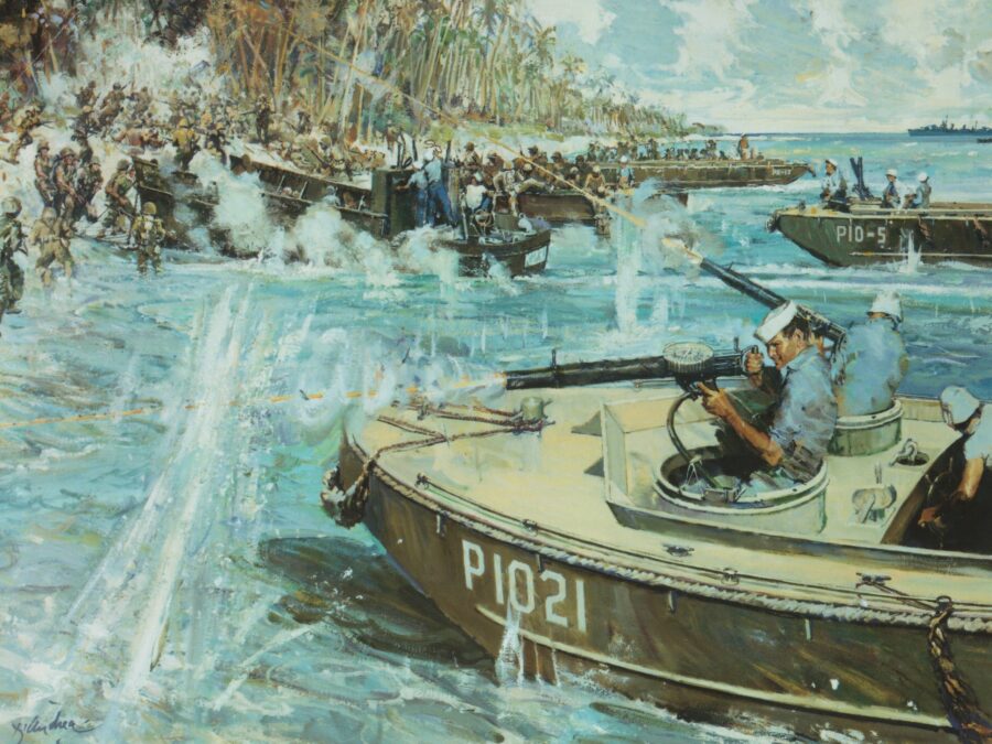 Painting of Douglas Munro manning a machine gun at Gualacanal.